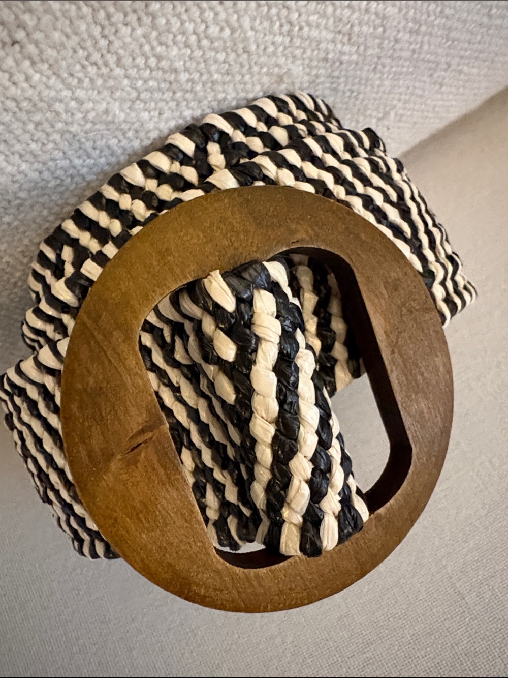 Woven Black and Cream Belt with Wooden Buckle